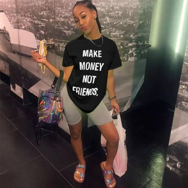 Женская футболка с круглым вырезом желтая забавными надписями Make Money Not Friends лето