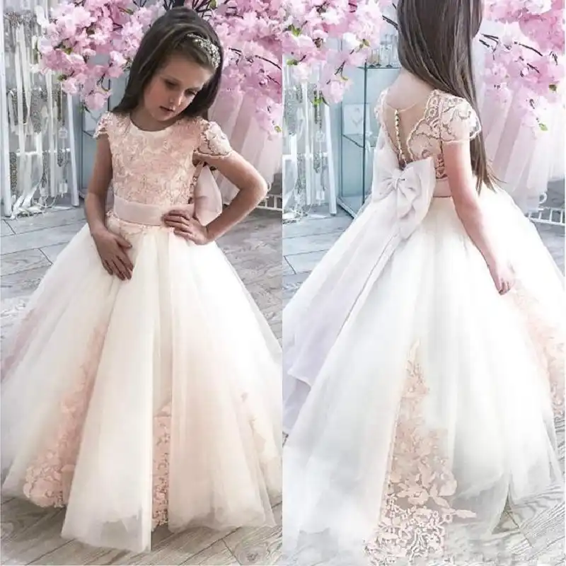 Vestidos De Flores Para Ninas Vestidos De Novia Para Ninas Pequenas Con Mangas Casquillo Vestidos De Boda Encaje Vintage Rosa Para Ninos De Princesa Para Comunion Vestidos De Desfile Aliexpress