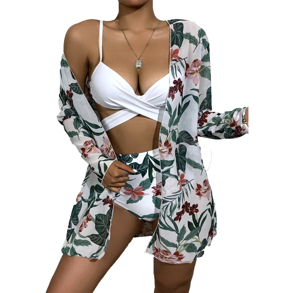 2021 New Swimsuit Female Sexy Bikini Sets Three-Piece Swimming Suit Floral High Waist Two-piece Swimming Wear Cross Bikini Women push up bikini set