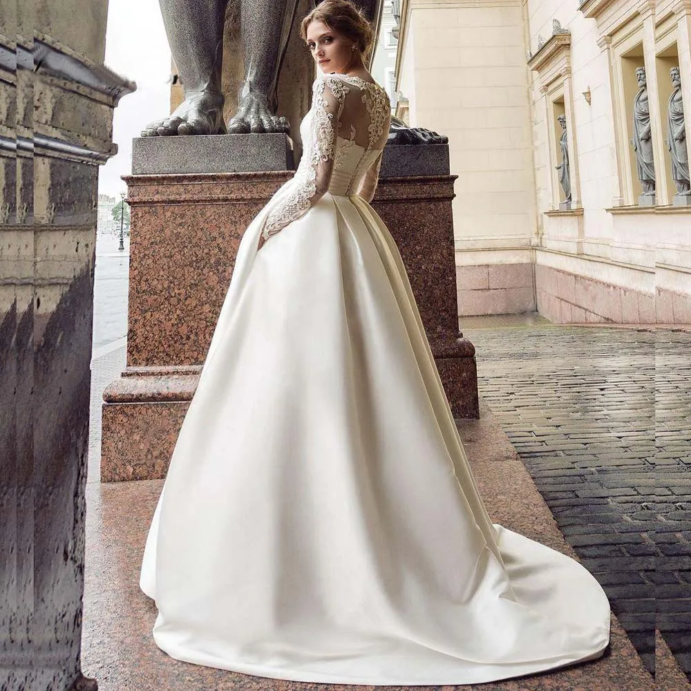 Vestidos de Novia Modest Long Sleeve Wedding Dresses 2020 Turkey Scoop Satin Appliqued A-line Bridal Gown with Pockets (1)