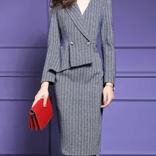 Женские костюмы, облегающее платье, тонкий v-образный вырез, длинный рукав, деловая офисная одежда, платье, весна-осень, женские платья, костюмы миди