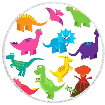 

Cartoon Round Beach Towel Microfiber Dinosaur Family Thick Beach Blanket Tapestry Throw Yoga Picnic Mat with Tassels Room Decor