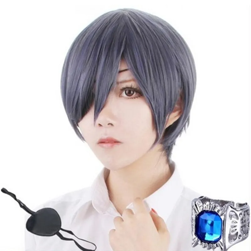 

Black Butler Kuroshitsuji Ciel Phantomhive Short Mixed Gray Blue Heat Resistant Cosplay Costume Wig + Eyepatch Eye Patch + Ring