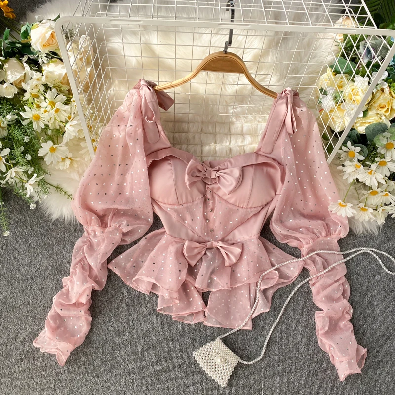 Модная винтажная Готическая блузка с бантом, блестящая розовая блузка с длинным рукавом и оборками, женские топы