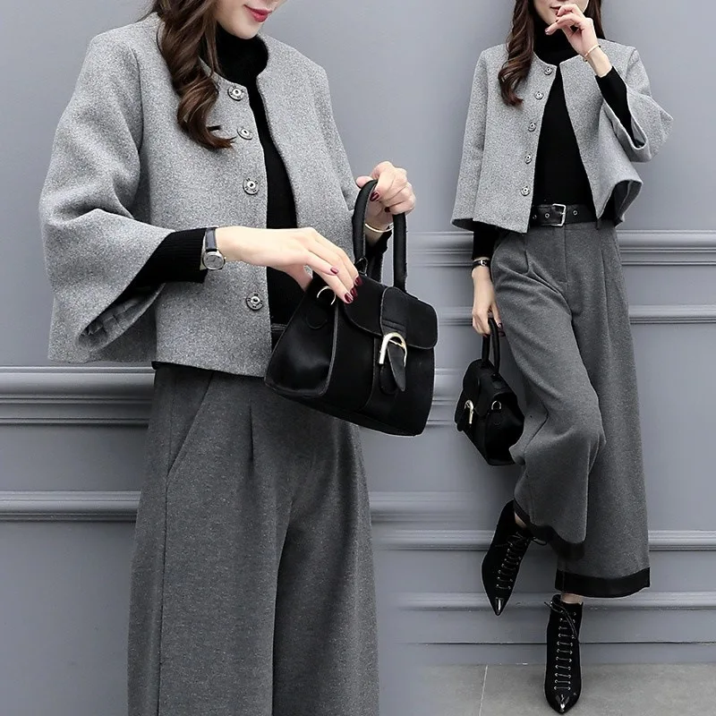 

2019 New Style WOMEN'S Dress Autumn And Winter Large Size Two-Piece Pants Woolen Jacket Loose Pants Casual Fashion WOMEN'S Suit