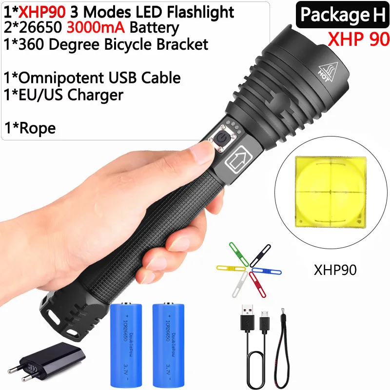 Яркий Перезаряжаемый светодиодный светильник-вспышка XHP70.2 XHP90, мощный фонарь, супер водонепроницаемый охотничий светильник с зумом, 18650 или 26650 Battey - Испускаемый цвет: Package H
