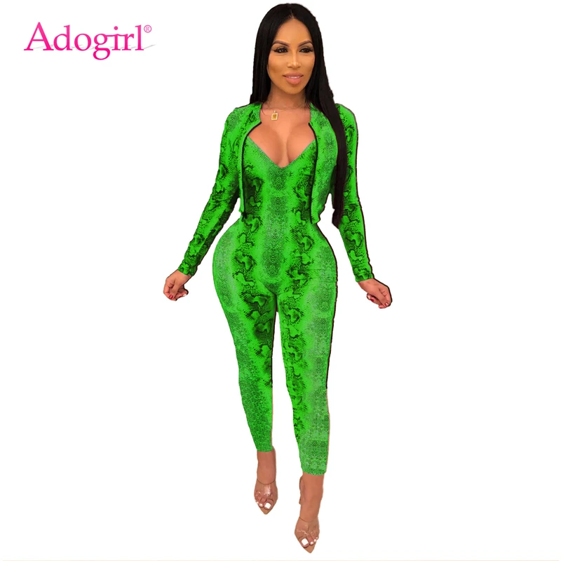 Adogirl/комплект из змеиной кожи, две детали с принтом, короткая куртка на молнии с длинными рукавами, пальто, комбинезон на бретелях с v-образным вырезом, модный спортивный костюм