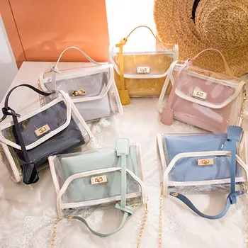 

Luxury Brand Women Transparent Bag Clear PVC Jelly Small Tote Messenger Crossbody Shoulder Bags Female Handbags Party 2pcs/set