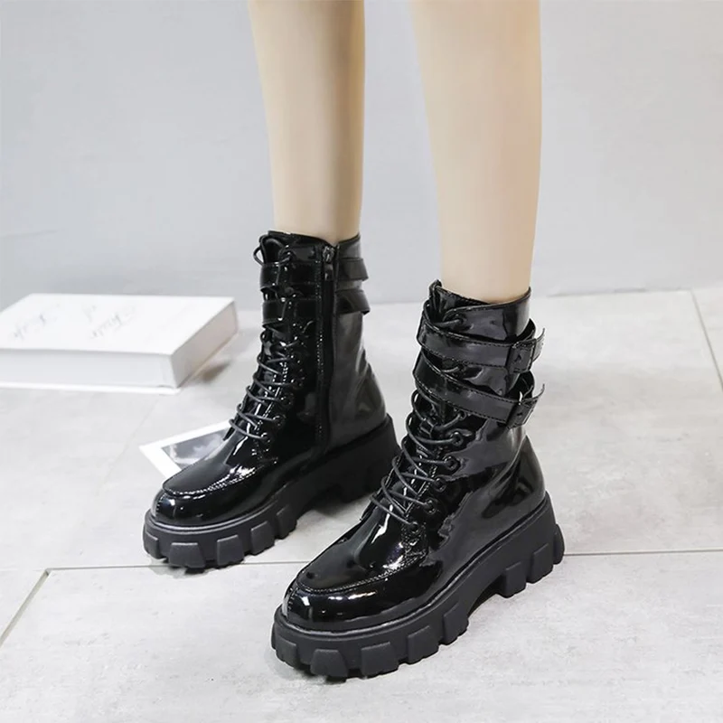 

2020 Spring Women's Punk Boots Women Casual Ladies Chunky Heels Fashion Woman Zip Patent Leather Female Comfortable Shoes