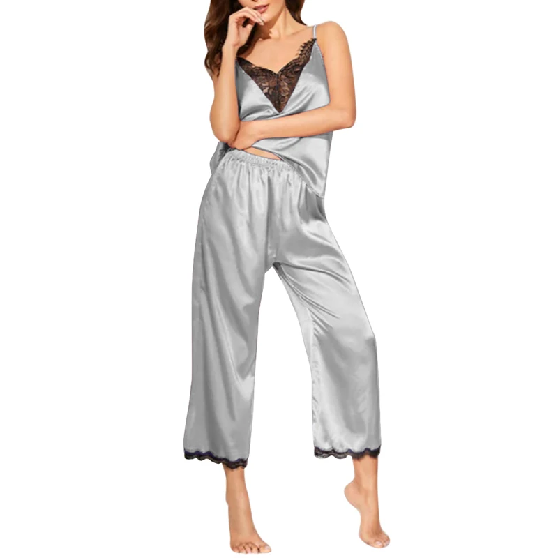 silver gray OEAK Women's Sling Pajamas Set Simulation Silk Sexy Lace Large Size Casual Home Pajamas Set New - Цвет: silver gray