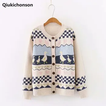 

Japanese Vintage Kawaii Duck Graphic Jacquard Knit Cardigan Women Autumn Winter Teen Girls Students Multicolor Button Cardigan