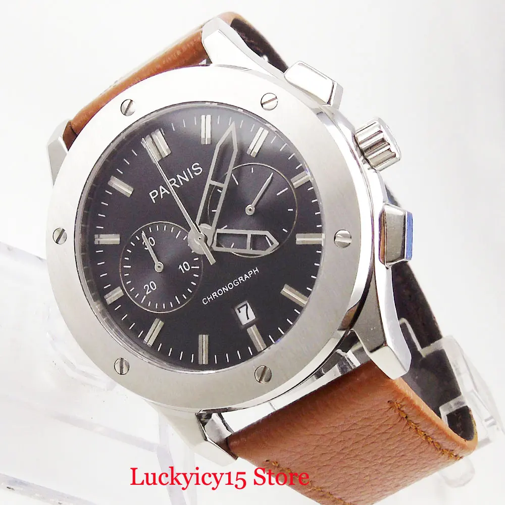 

PARNIS Men's Quartz Watch 44mm Stainless Steel Watch Case Date Window Chronograph Function Brown Leather Strap Solid Wristwatch