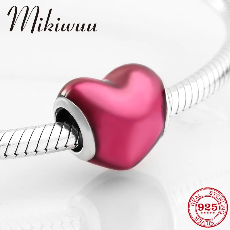 Fashion 925 Sterling Silver Rose Pink Enamel Heart Shape Fine Beads Fit Original Mikiwuu Charm Bracelet Women Jewelry making | Украшения и