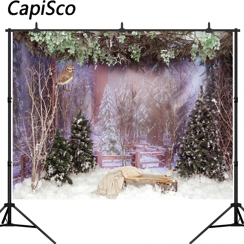 Рождественский фон для фотосъемки Capisco, снег, сосна, дерево, сова ...