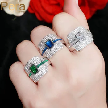 

Pera European Luxurious Noble Designer Unisex Punk Stackable Choker Princess Cut CZ Big Rings for Wedding Engagement Party R018