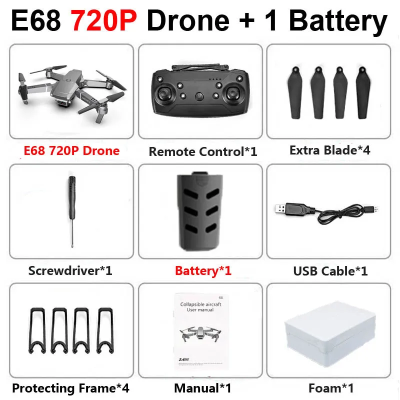 E68 WiFi FPV складной Профессиональный Дрон с камерой 4K оптический поток широкоугольный воздушный видео RC Квадрокоптер самолет Квадрокоптер - Цвет: E68 720P 1B Foam