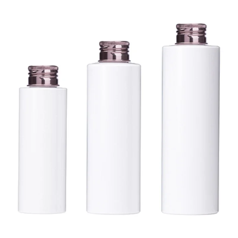 

Empty 100ML 150ML 200ML White Plastic PET Bottle Rose Gold Aluminum Screw Lid Cosmetic Refillable Packaging Container 15Pieces