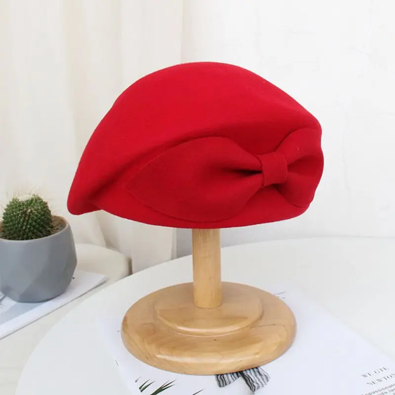 Korean Women Autumn Winter Faux Wool Beret Cap Cute Rabbit Ear Bowknot Embellished Elegant Solid Color Cocktail Prom Wedding Hat