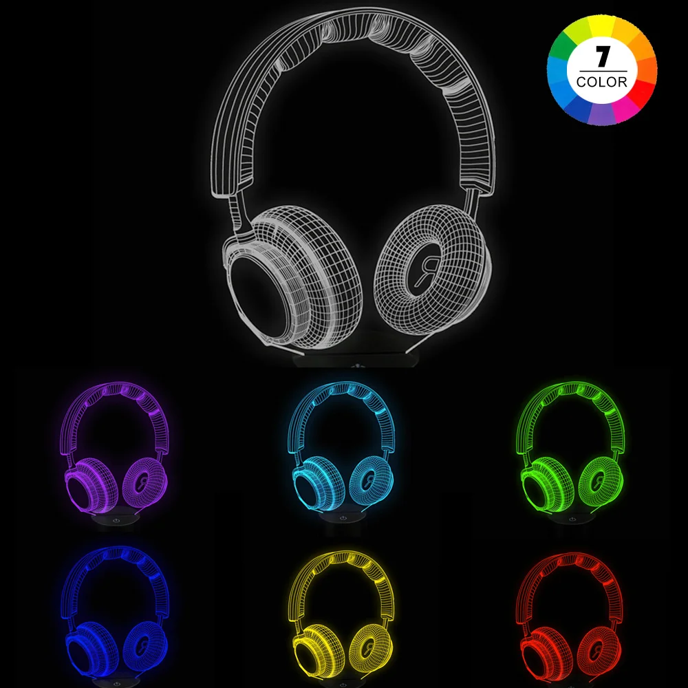 

3D LED Night light Muisc Dynamic Heardset with 7 colors Light for Home Decoration Lamp Amazing Visualization Optical illusion
