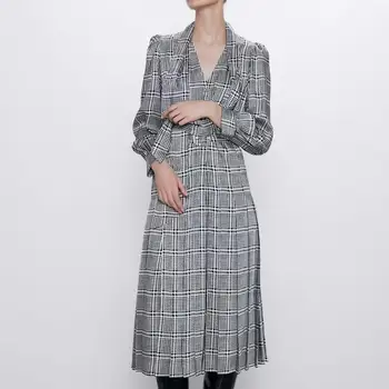 

ZA 2020 new women dress gray plaid sashes full sleeve bow-neck ladies elegant style long dress woman clothes