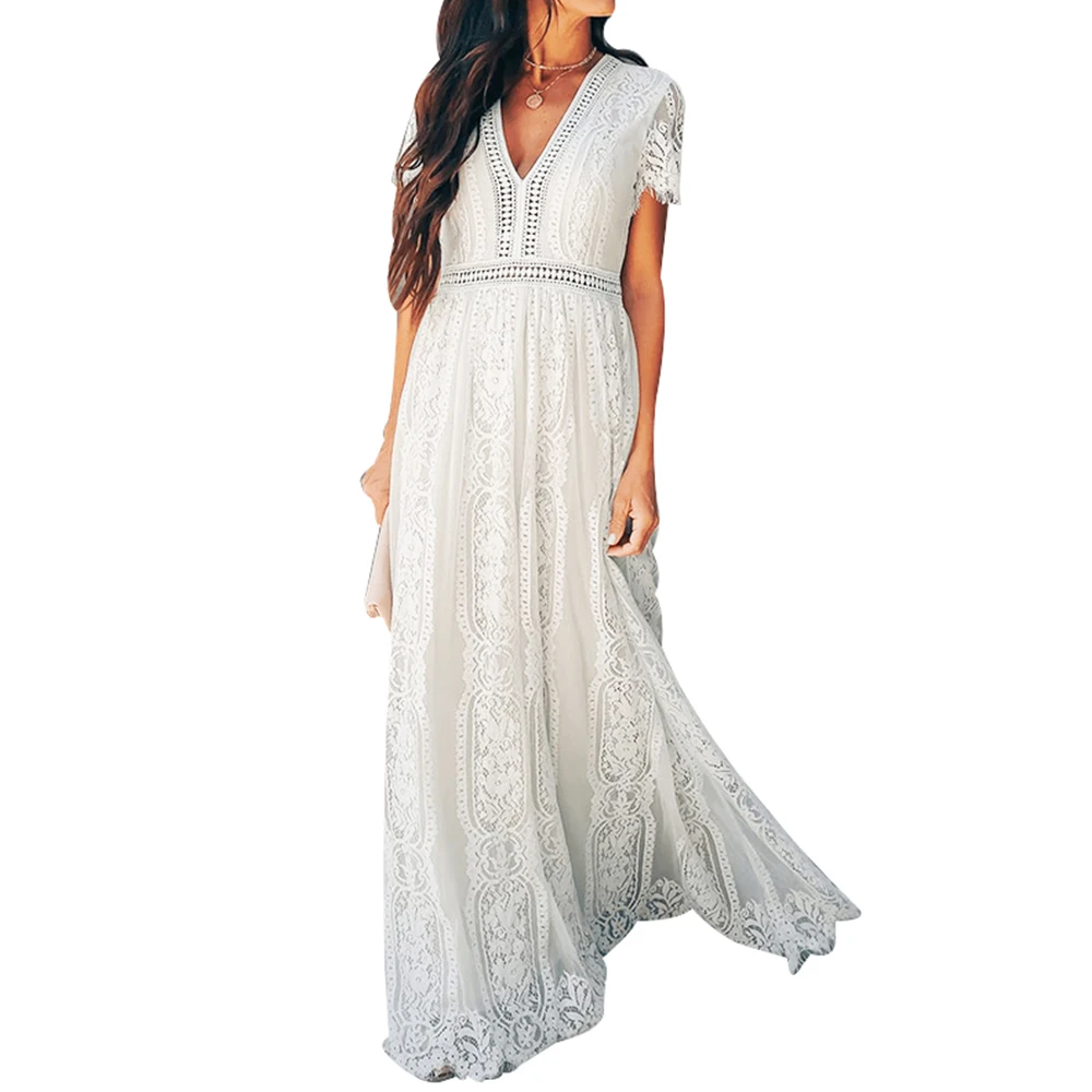

A Line Robe V Neck Long Evening Dresses Lace Celebration Dress Short Sleeve Wedding Party Formal Dresses Women Elegant Gowns D30