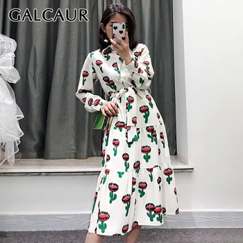 

GALCAUR Print Hit Color Dress Woman Lapel Collar Long Sleeve High Waist Lace Up Bowknot Midi Dresses Female Summer Fashion 2020