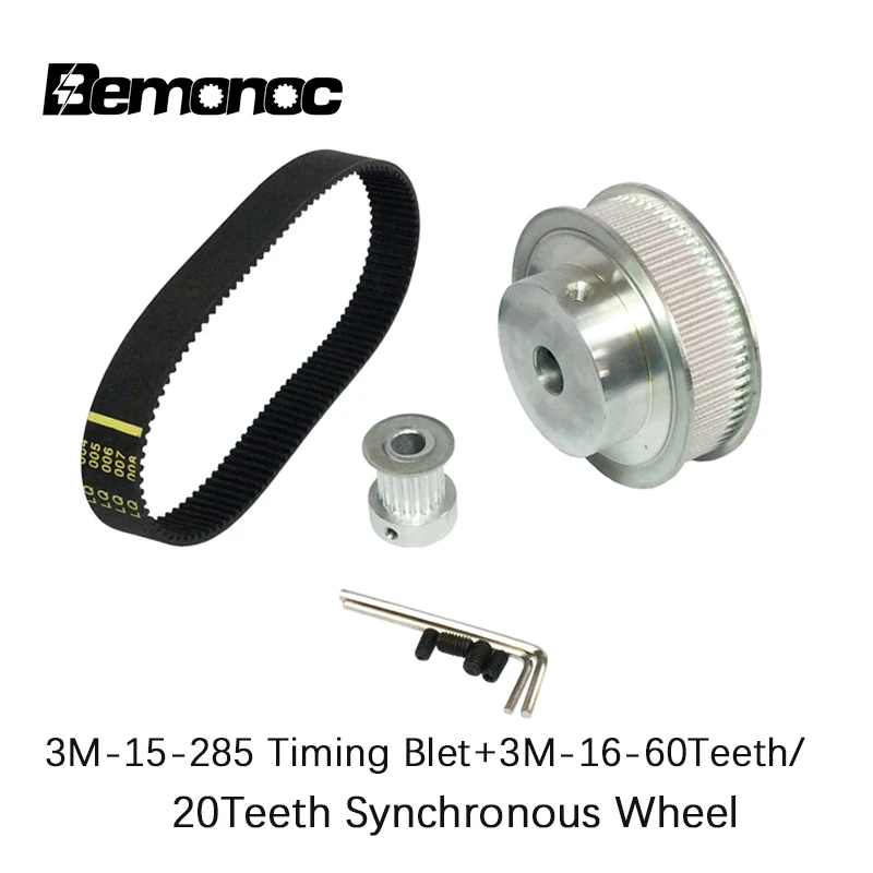 

Bemonoc HTD 3M Timing Belt Kit Pulley 3:1 60&20 Teeth Shaft Center Distance 80mm Closed-loop Timing+Length 285mm Width 15mm Belt