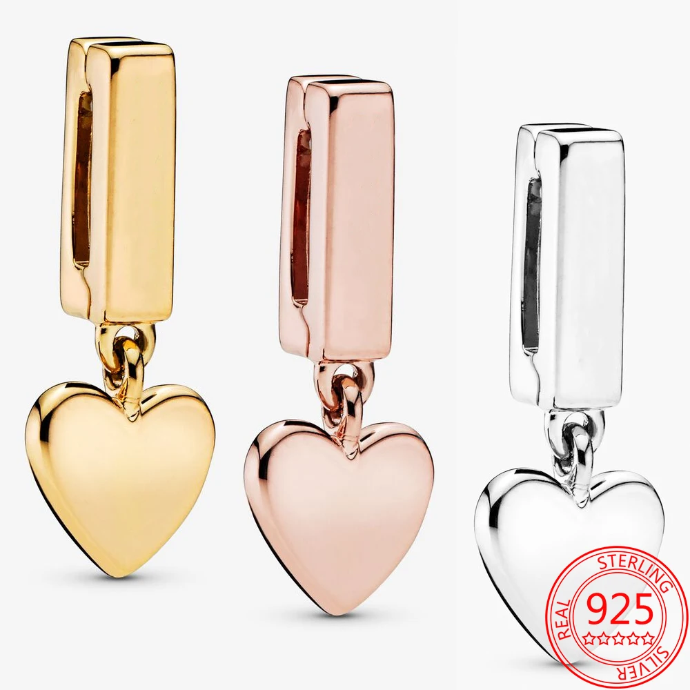 Handmade 925 Sterling Silver Sparkling Golden Heart-shaped Fixing Clip Charm Fit Brand Bracelet DIY Jewelry Pendant Gift | Украшения и