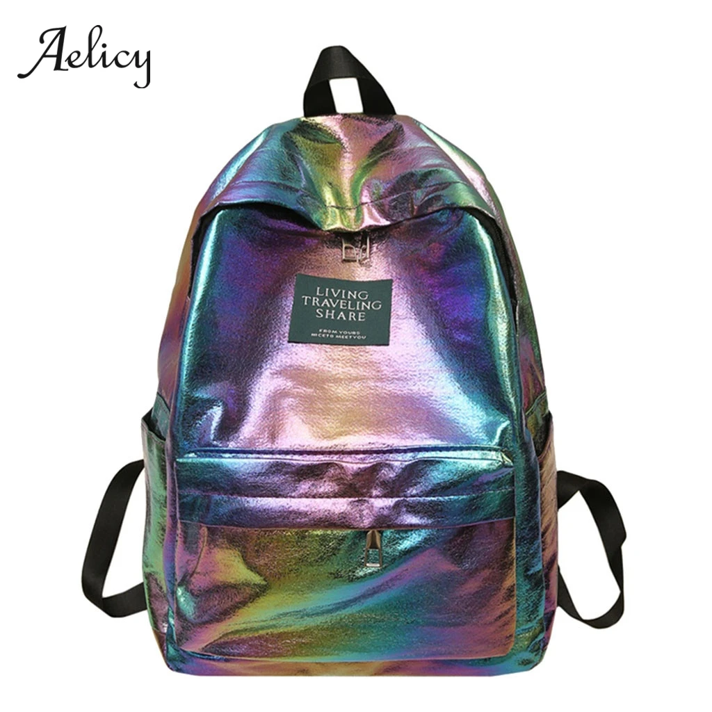 

Aelicy Laser Backpack Waterproof Travel Bags Women Girls Rucksack PU Leather Holographic Knapsack School Bags For Teenage Girls