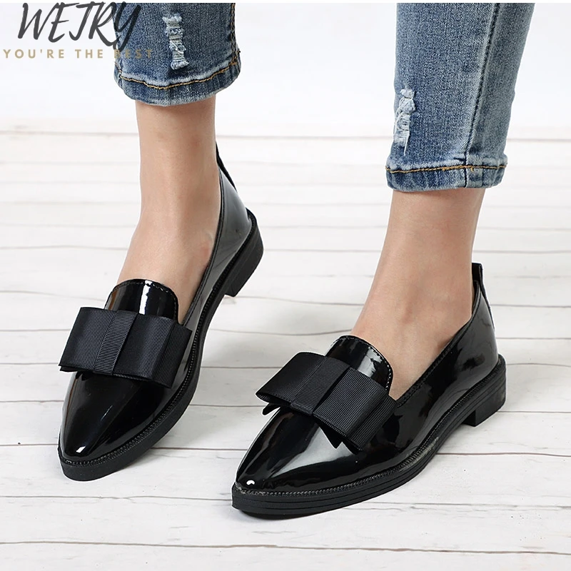 

Autumn Flats Women Shoes Bowtie Loafers Patent Leather Women's Low Heels Slip On Footwear Female Pointed Toe Thick Heel