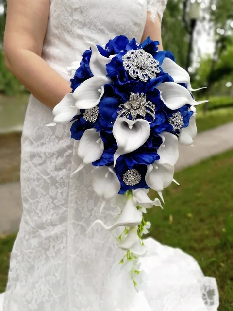 2021 Whitney Wedding Collection Waterfall Red Bridal Artificial Pearls Crystal Wedding Bouquets De Mariage Rose Royal Blue