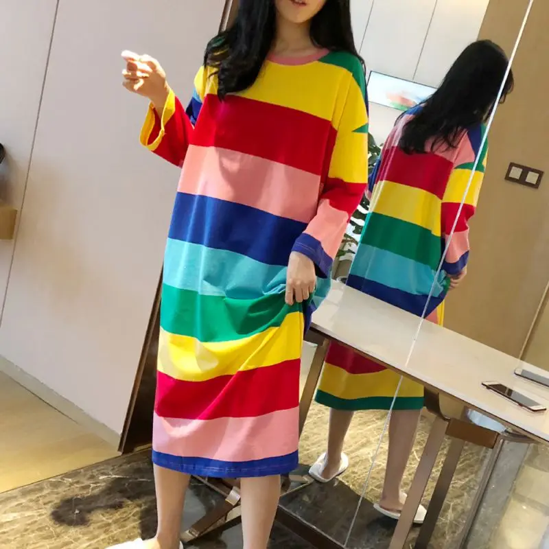 2019 Autumn Winter Ladies Rainbow Striped Loose Long Nightdress Home O Collar Long-sleeved Nightdress