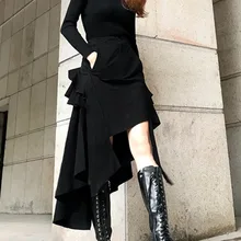 Корейская Новинка, Весенняя и летняя модная женская одежда с высокой талией, асимметричная черная юбка с оборками WK20001L