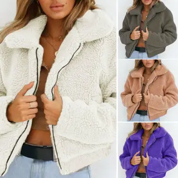 

Soft Fleece Zipper Lapel Coats Winter Faux Fur Coat Women Warm Jackets Coats Thick Plush Short Coats Women's Top Outerwear