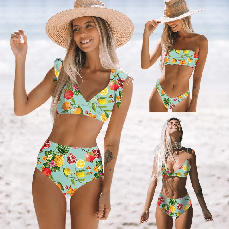 

New Fruit Print Tube Top Bikini Set Sexy High Waist Swimwear Women Solid Swimsuit Beachwear Swimwear Summer Bathing Suit Biquini