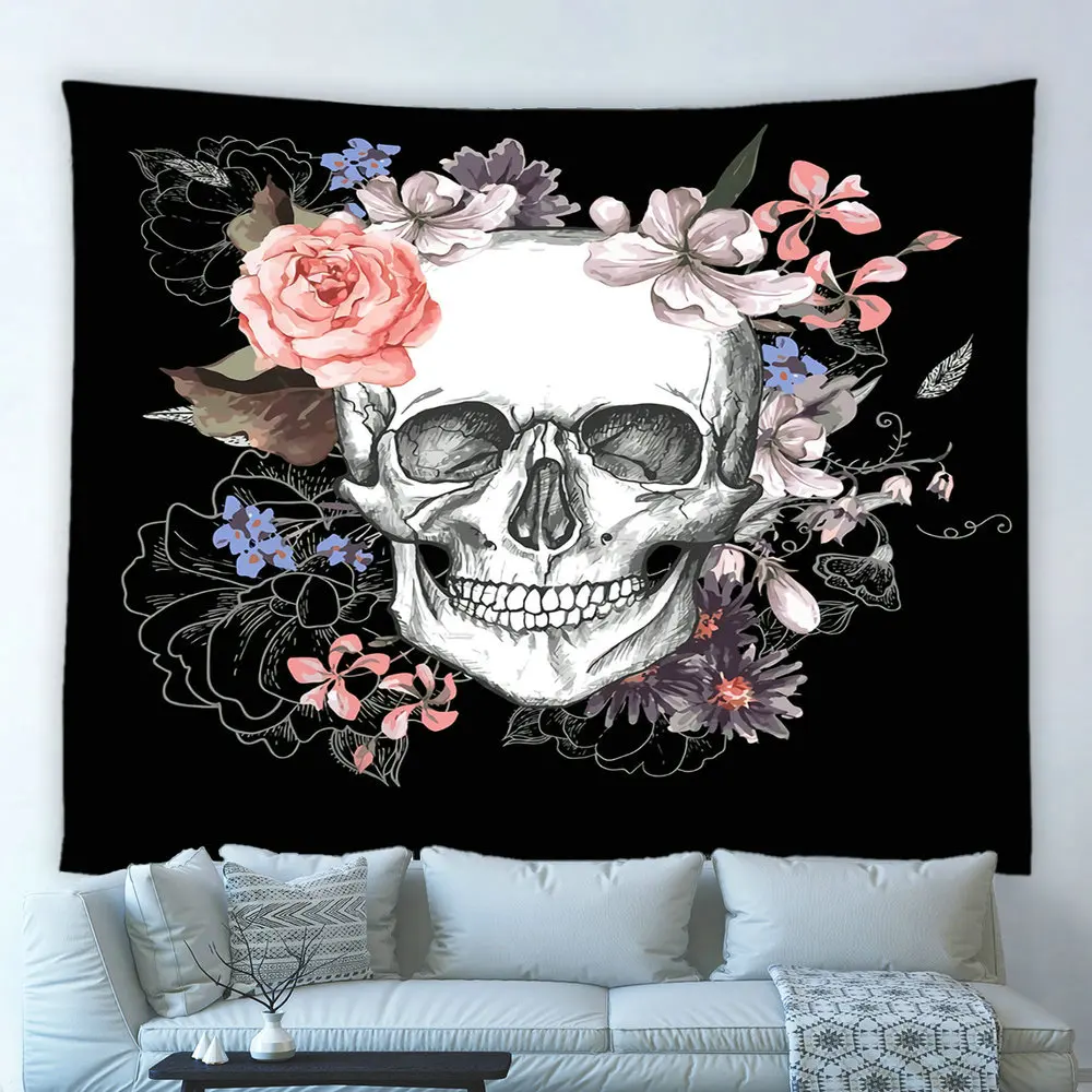 Sugar Skull Floral Tapestry Rose Plant Leafs Skeleton Halloween Black Background Art Wall Hanging Living Room Bedroom Home Decor | Дом и сад