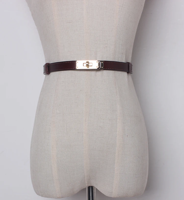 Дизайнерский женский ремень с двойной пряжкой, простой стиль, тонкий пояс для джинсов, Универсальный женский ремень, высокое качество - Цвет: Темно-коричневый