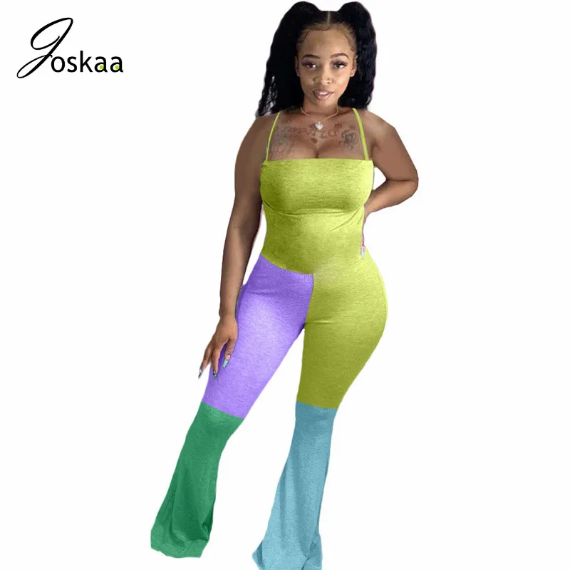 

Joskaa Printed Clashing colors sexy spaghetti straps slash neck backless Slim-Fit Bell-bottom Pants one piece women's Jumpsuit