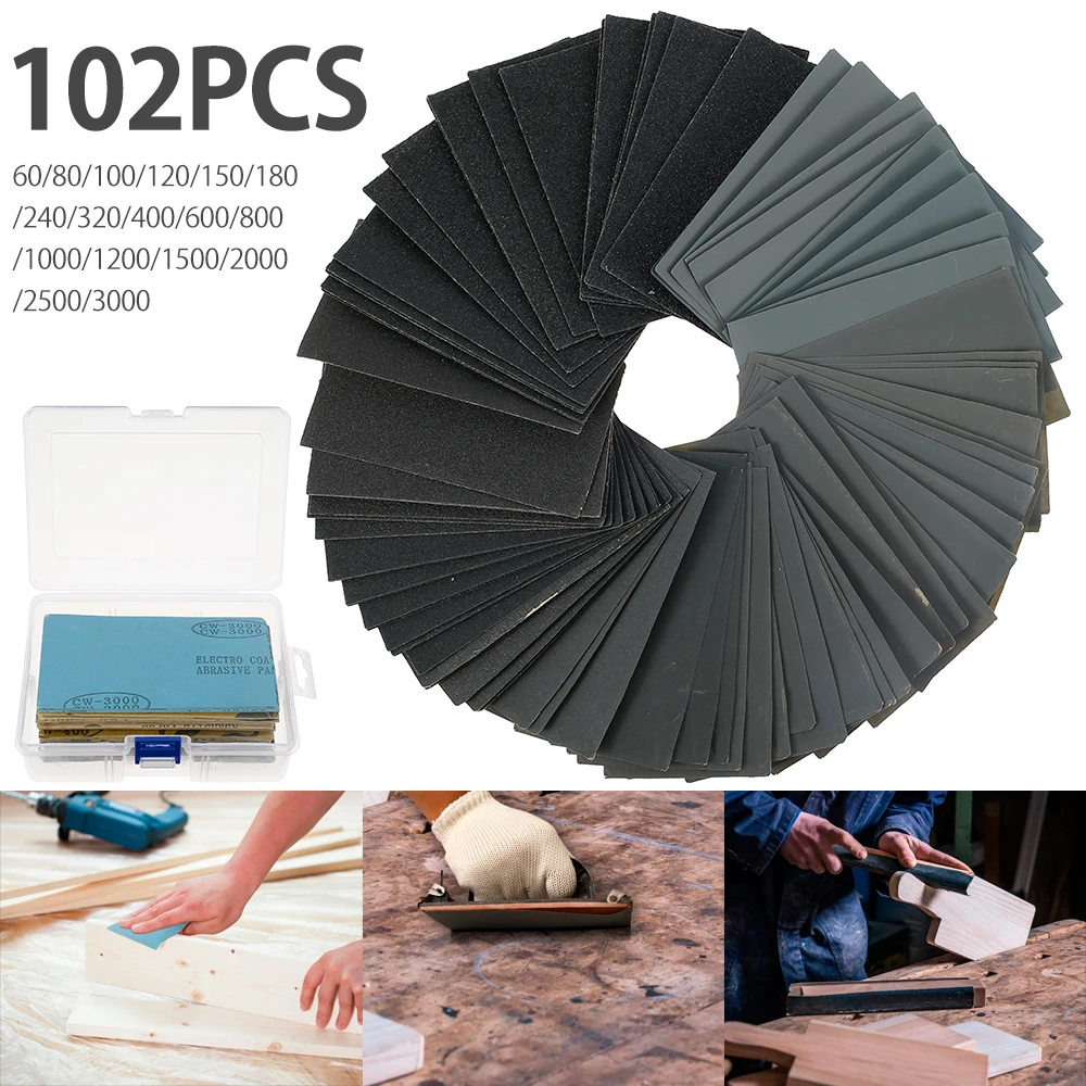 

102pcs Wet Dry Sandpaper Assortment Polishing Abrasive Paper Sheets Grit 60-1200 for Automotive Sanding Wood Polishing Tool