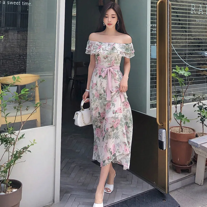 

Dress 2020 summer new product ladies temperament word collar waist chiffon printing Office Lady Knee-Length Slash neck