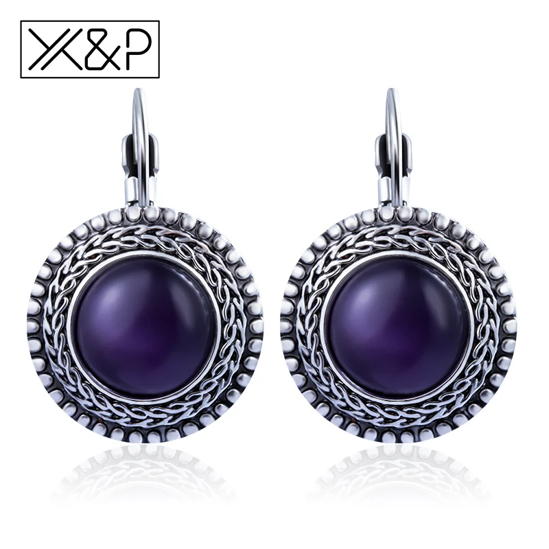 X& P, модная, брендовая, серебряная, в стиле бохо, круглые серьги-гвоздики для женщин, девушек, вечерние, резные, винтажные, тибетские, богемные, крошечные серьги, ювелирное изделие, подарок - Окраска металла: Purple