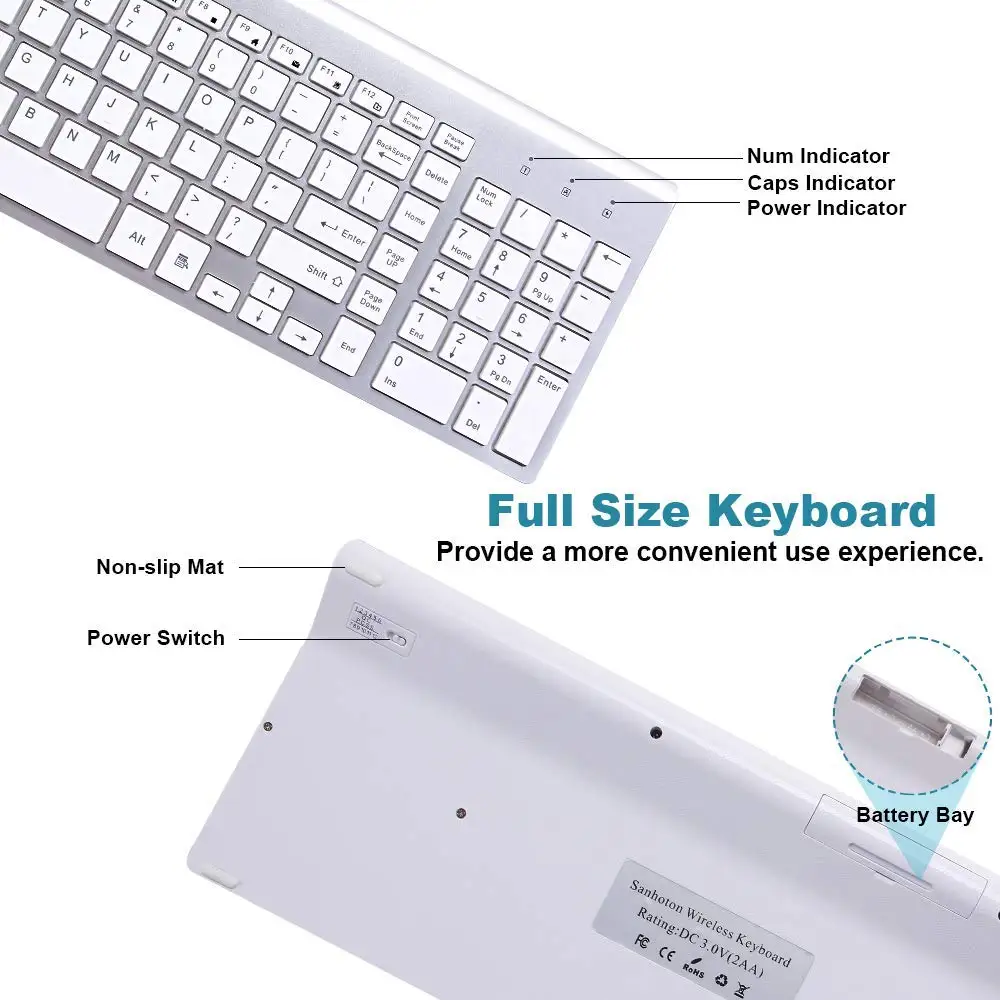 Teclado sem Fio e Mouse Layout Russo Compacto Conveniente Ultra Fino Ergonômico Prata Branco 2.4g Eua - Imagem 4