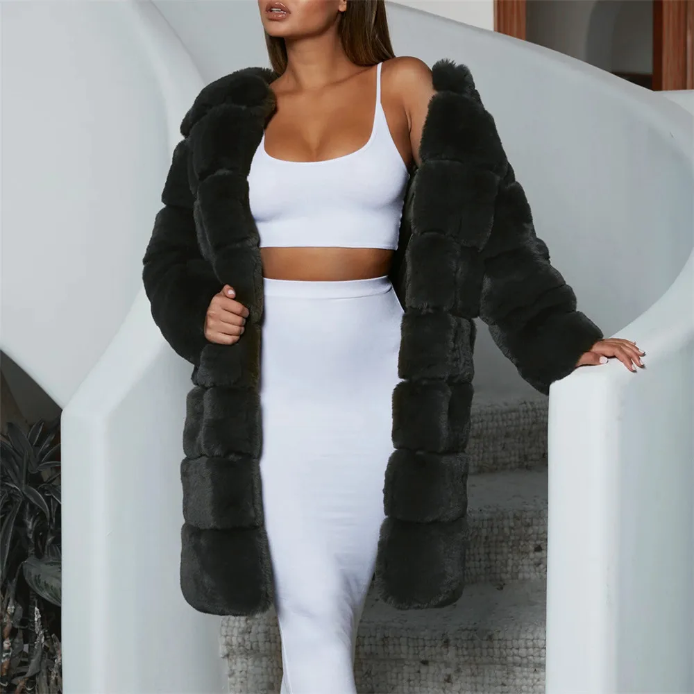 Зимнее женское пальто из искусственного меха,, повседневное, размера плюс, толстое, теплое, длинное, женское, роскошное, черное, больше размера, меховые куртки, кардиган, верхняя одежда