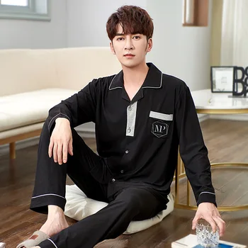 

Spring and Autumn Pajamas Men's Modal Long-sleeved Simple Cardigan Two-piece Suit Can Be Worn Outside Ensemble Homme Dormir Tops