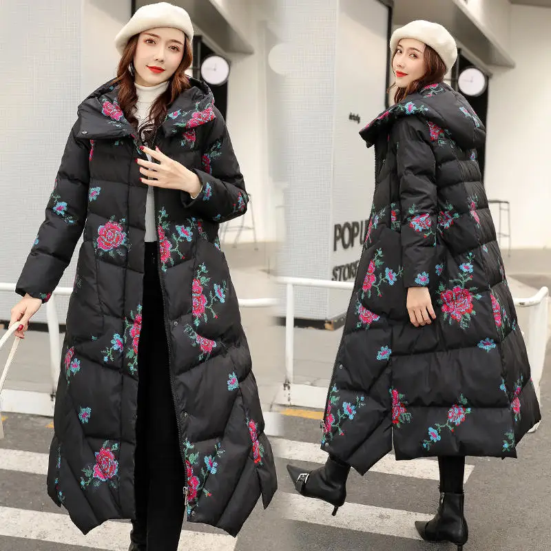 Black Parkas Зимняя куртка, женская одежда, свободный принт, теплый толстый длинный пуховик, хлопковое пальто, женское, элегантное, с капюшоном, с подкладкой, большие размеры, зимнее пальто, Q2156 - Цвет: Black Parkas