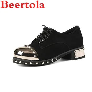 

Autumn Women's Pumps Suede Lace Up Metal Round Toe Rivets Gladiator Casual Shoes Women Black 4CM Heels British Style Shoes Women