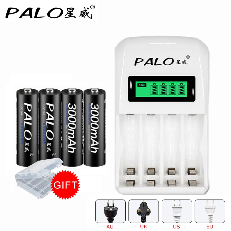 PALO C907W с 4 слотами Интеллектуальный ЖК-дисплей зарядное устройство для AA AAA NiCd NiMh с 4*3000mAh AA перезаряжаемые батареи