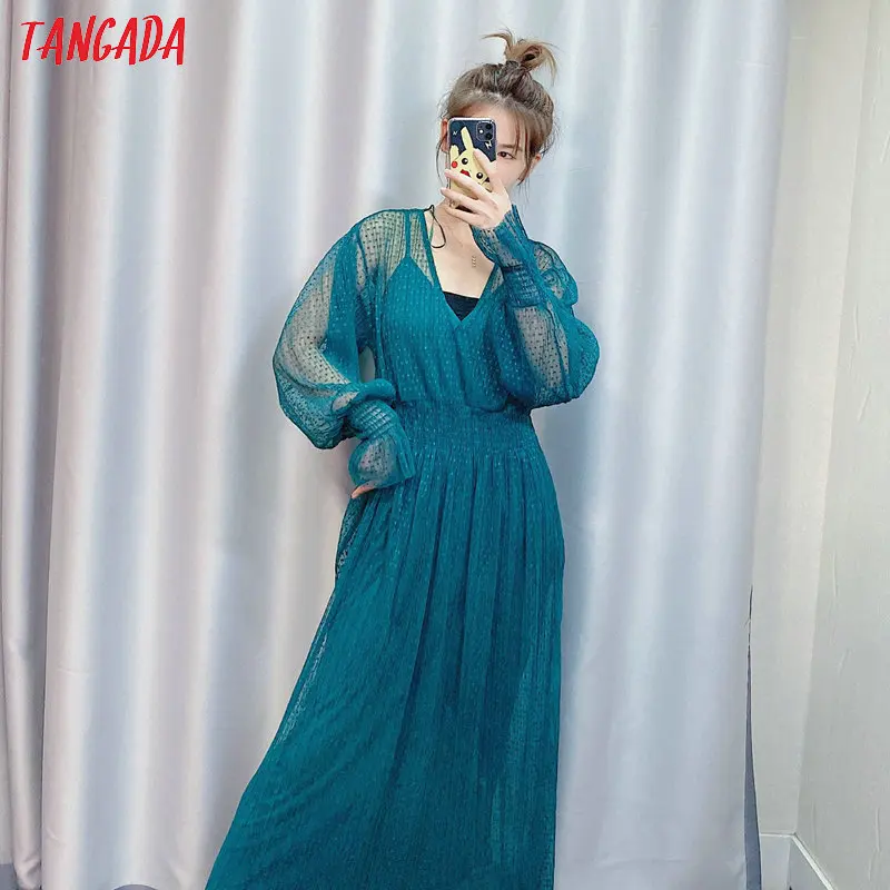 Tangada, модное женское Сетчатое платье в горошек, сексуальное, глубокий v-образный вырез, длинный рукав, винтажное женское платье миди, Vestidos CE208