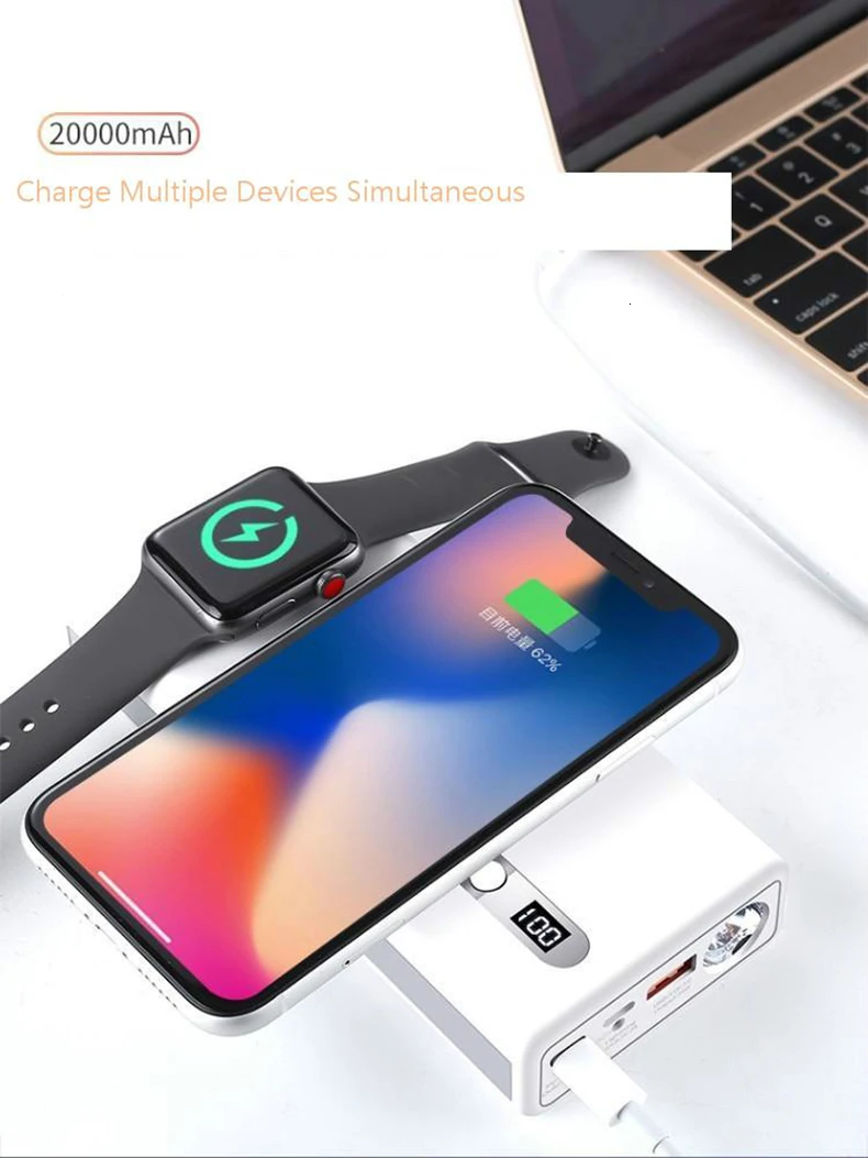VOGEK Wireless Power Bank 20000mAh Qi Fast Wireless Charger for Phone USB Type-c for Mackbook External Battery for Apple Watch