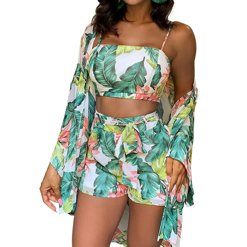 2020 Summer Women Floral Print 3 Piece Set Spaghetti Strap Crop Tops +Shorts +Chiffon Cover ups Casual Outfits |